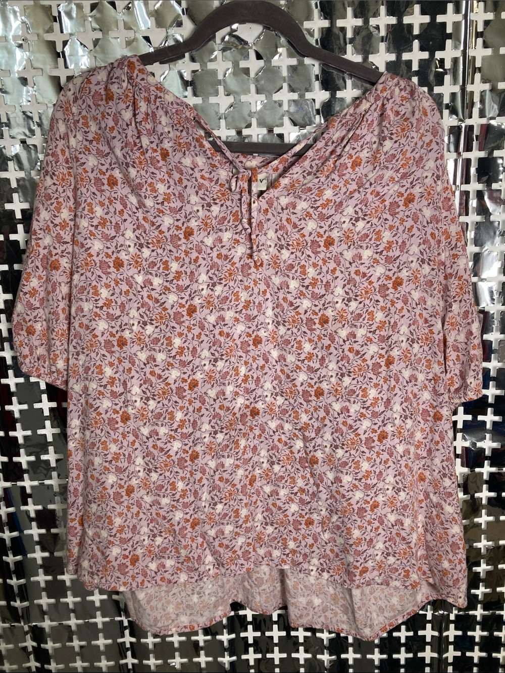 Ava & Viv Pink Floral Tie-Neck Blouse with Orange Accents